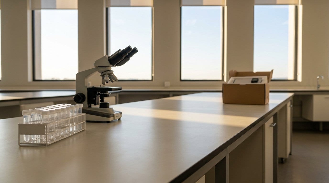 A laboratory bench with sample vials and a microscope at one end and a boxed product prototype at the other: the gap the valley of death describes.