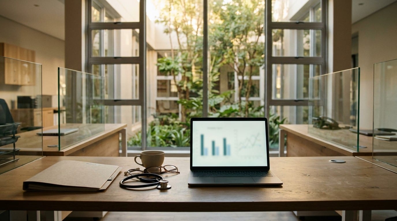 A modern hospital office with a medical file and a laptop showing plain charts, the outcomes and costs that value-based healthcare weighs.