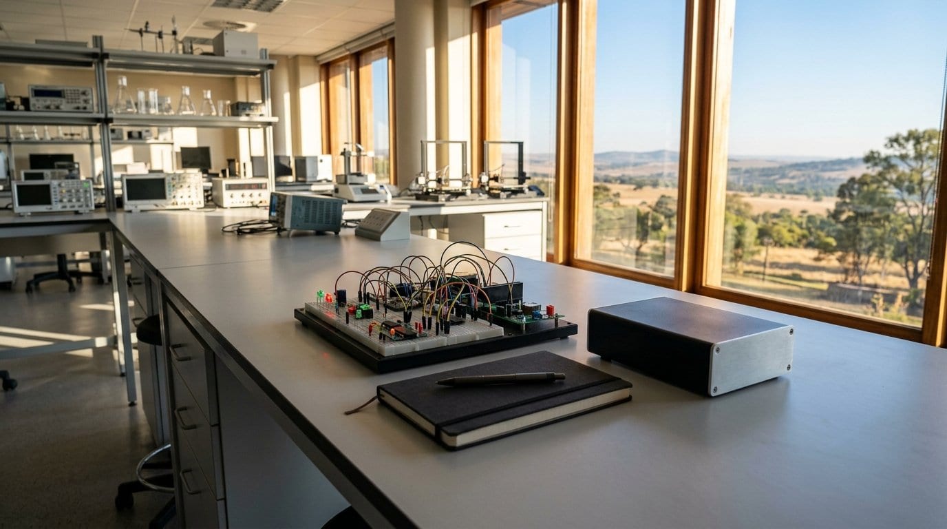 A prototype on a laboratory bench beside an earlier breadboard, the steps that technology readiness levels describe.