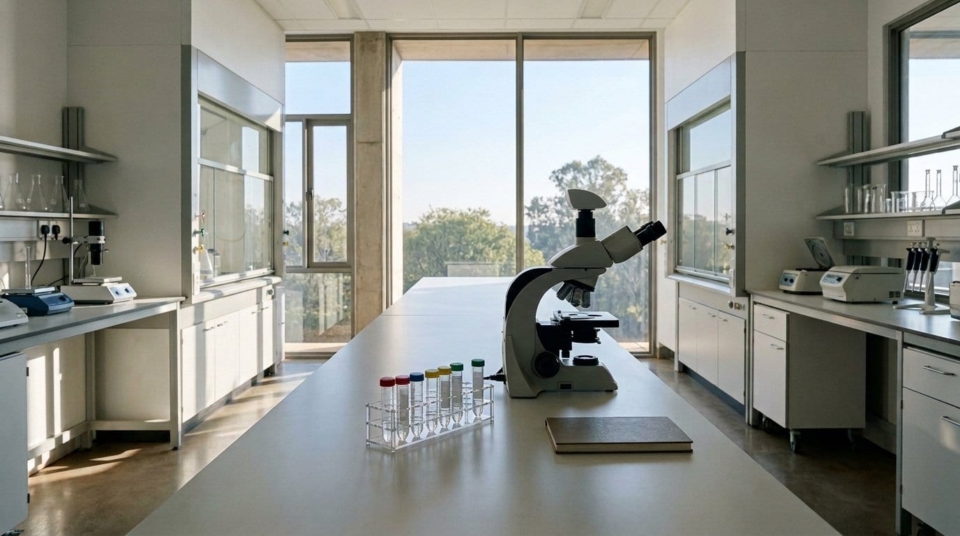 A quiet university laboratory in morning light, where publicly financed research under the IPR Act takes place.
