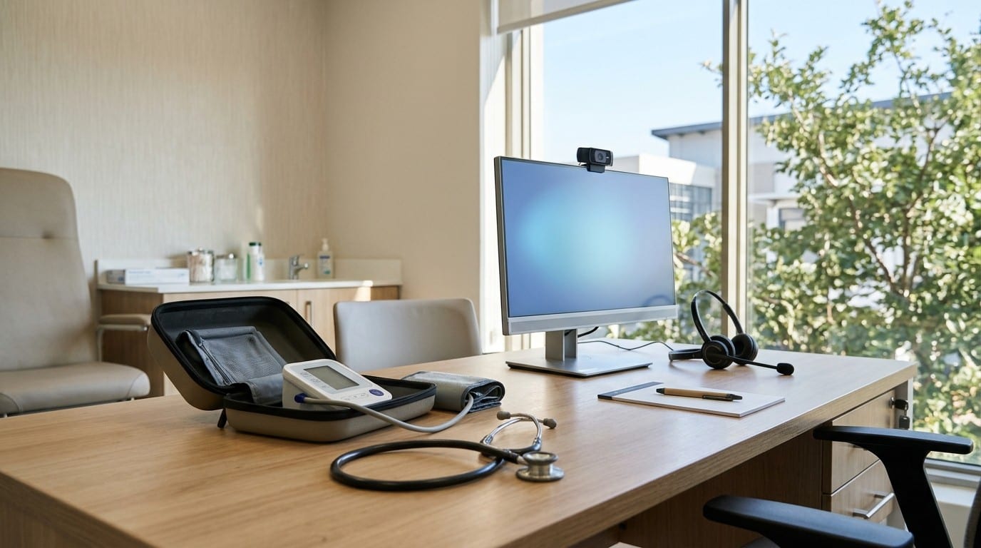 A hospital consultation room set up for a video consultation, a quiet picture of telemedicine implementation in daily use.