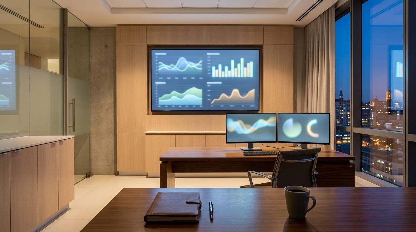 A hospital operations room with a wall display of plain charts, a quiet picture of monitoring and evaluation after go-live.